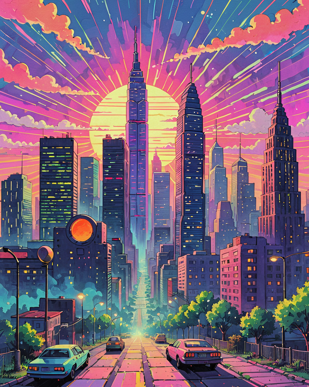 00059-[number]-_lora_Psychedelic Vibes - Trigger with Psychvibes Artstyle_1_  Video Game Console, futuristic city skyline at dawn with skyscrap.png
